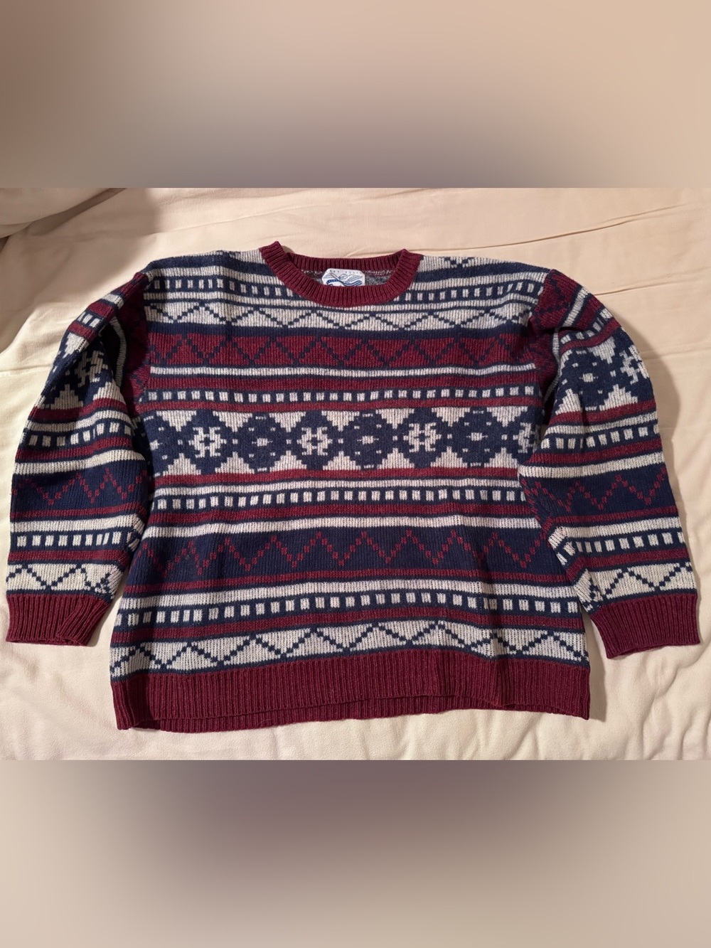 Perry Ellis Fair Isle Crewneck Sweater - Burgundy, Navy & Cream